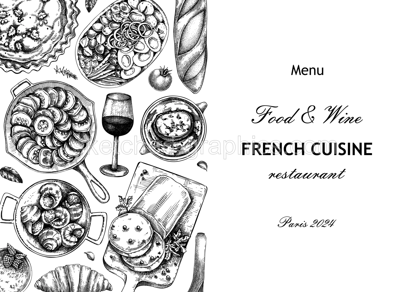 French restaurant menu design template. France food and wine from sketches. European food background. Hand-drawn vector illustration, NOT AI generated Illustration